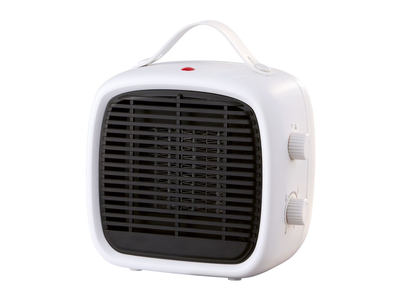 White retro-style portable space heater with a carrying handle and control knobs