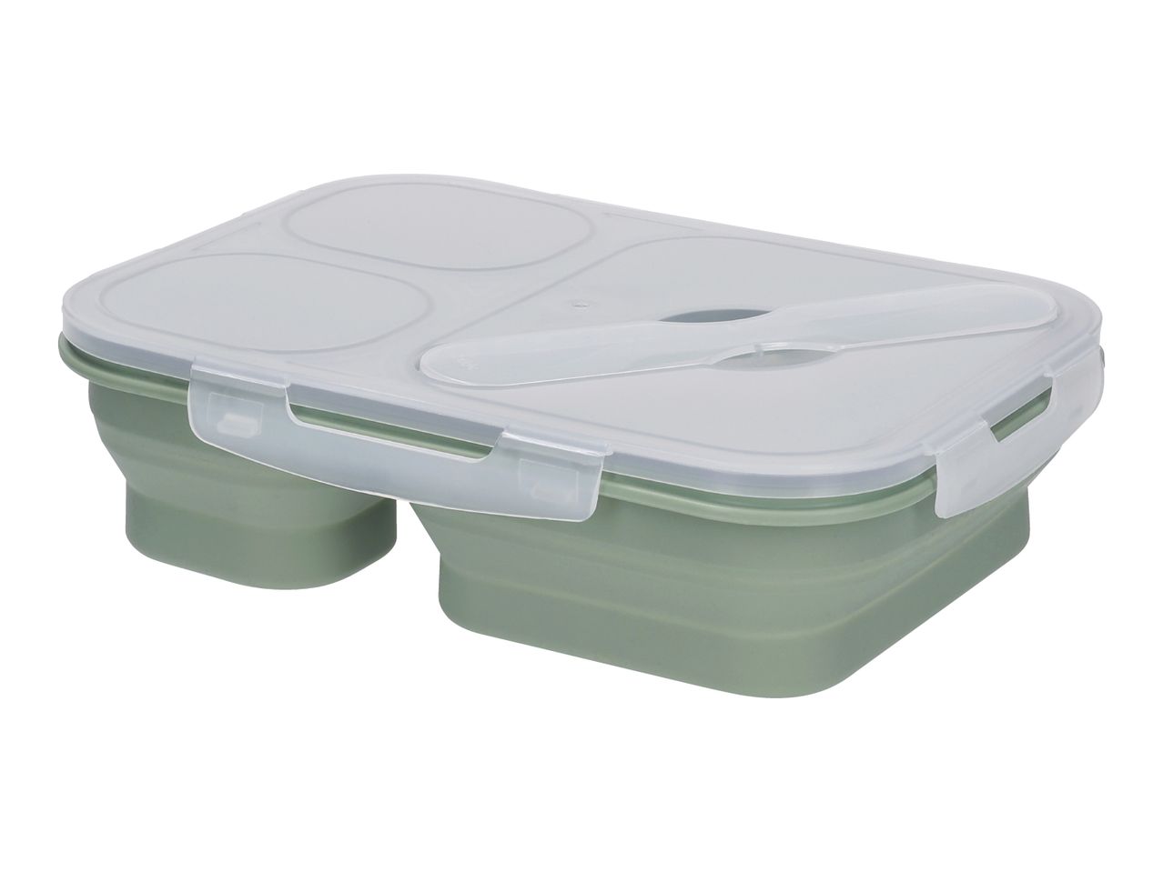 Green collapsible lunch box with a transparent lid and three compartments