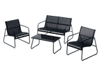 Set vrtnog namještaja s dvosjedom, dvije fotelje i stolićem s crnim staklom.