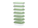 A stack of seven clear rectangular food storage containers with light green lids.
