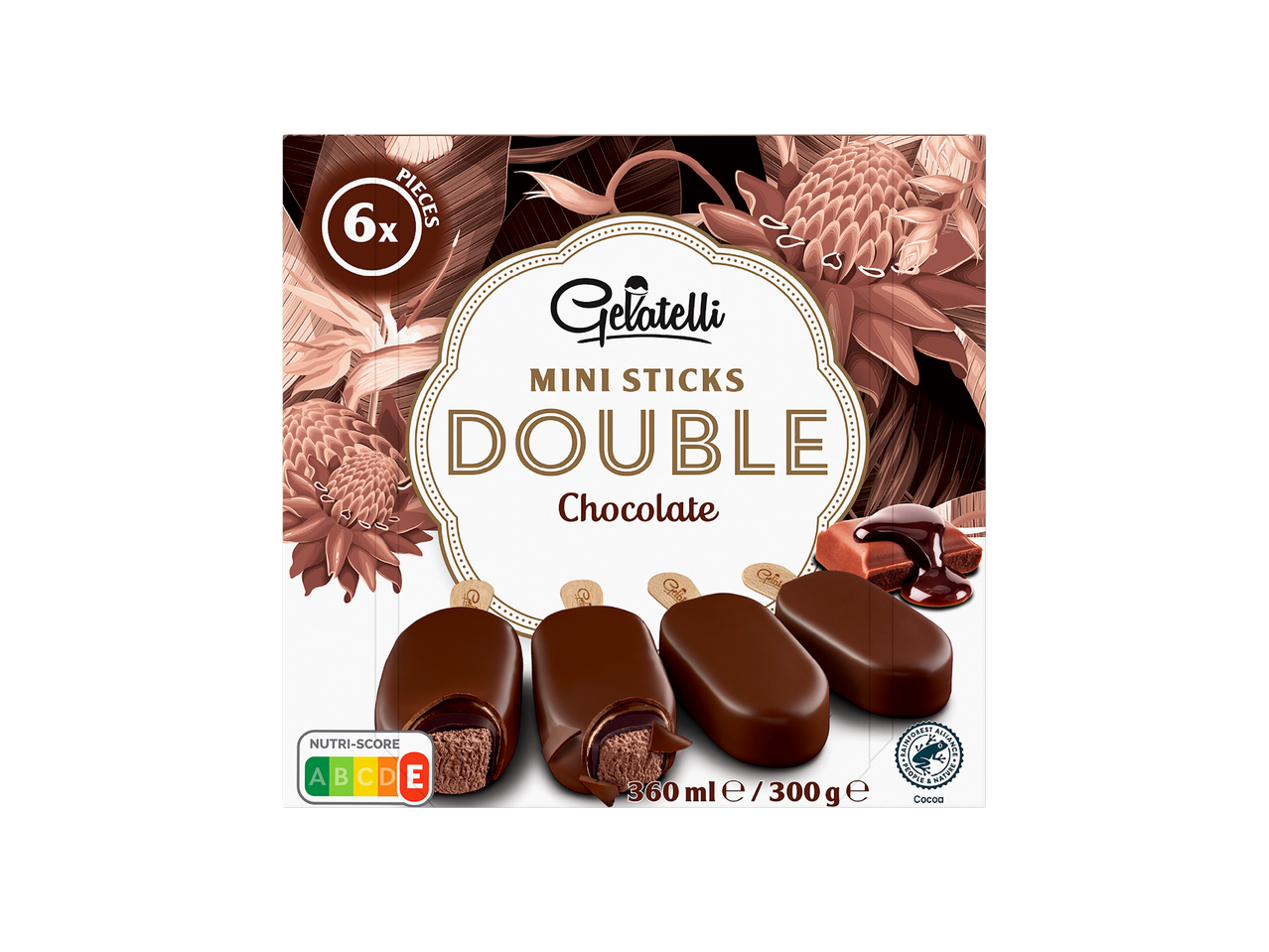 Кутия с 6 броя мини шоколадови сладоледи на клечка, с надпис 'DOUBLE Chocolate' и Nutri-Score D.
