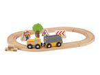 Wooden toy train set with construction theme, including a train, worker, tree, and signs.