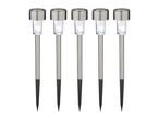 Five solar-powered garden path lights with stainless steel finish and clear plastic diffusers.