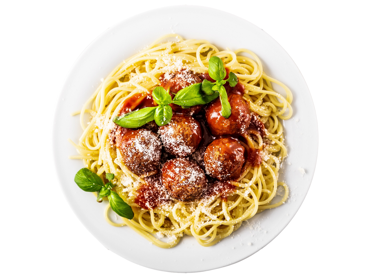 Spaghetti with beef meatballs, tomato sauce, parmesan, and basil on a white plate.