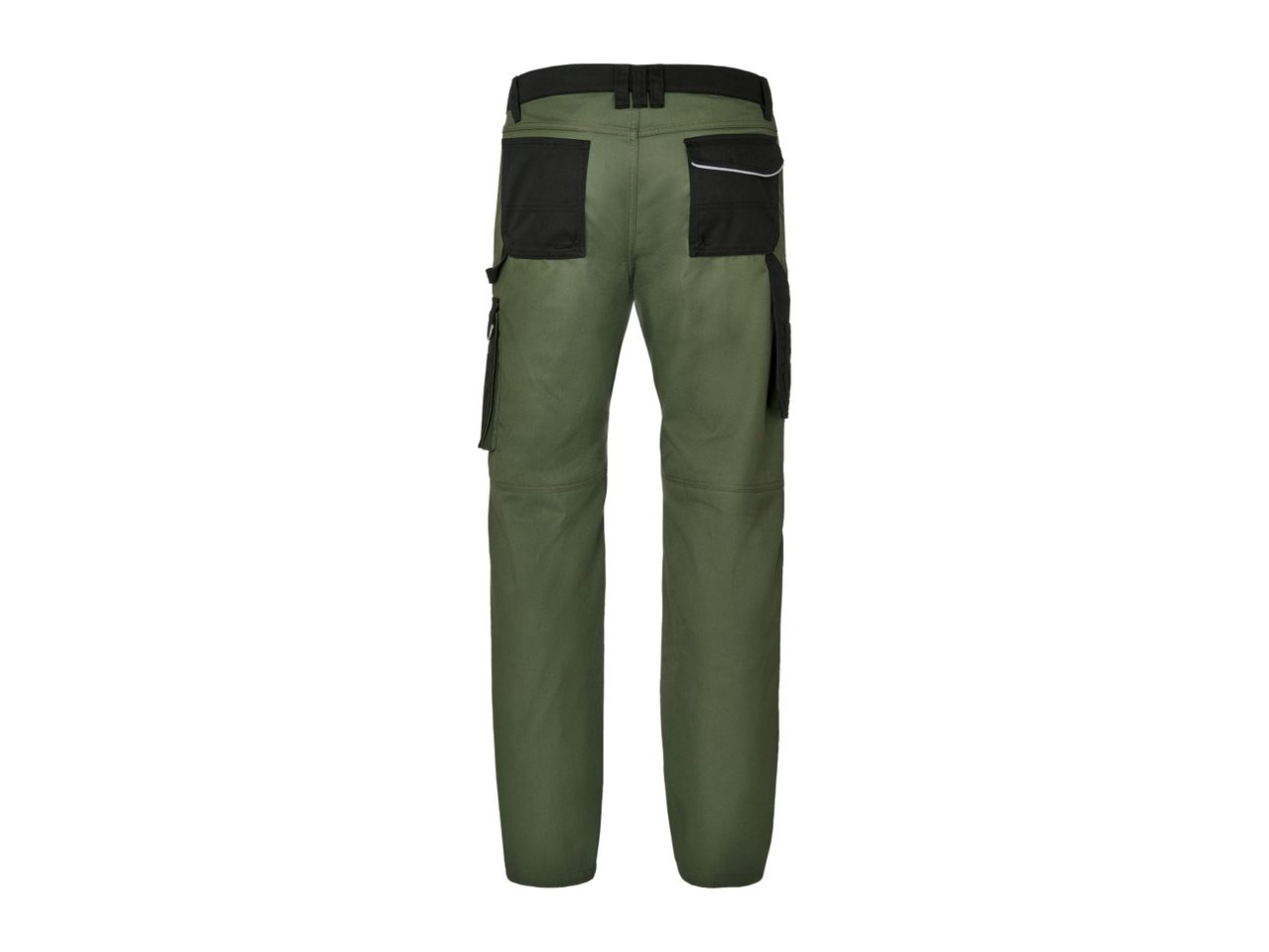 Back view of green and black work pants with multiple pockets