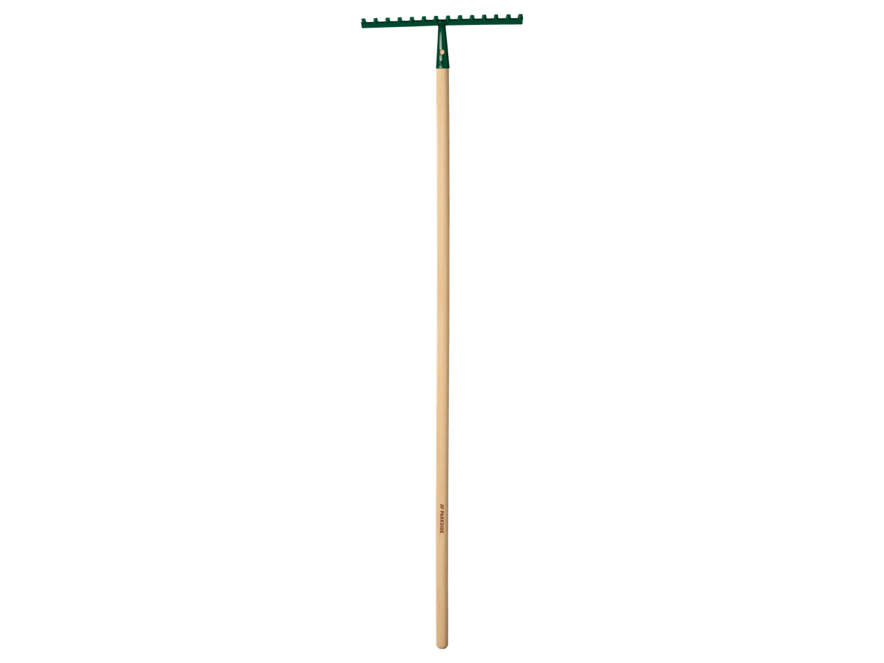 Parkside grėblys su žalia galva ir mediniu kotu.