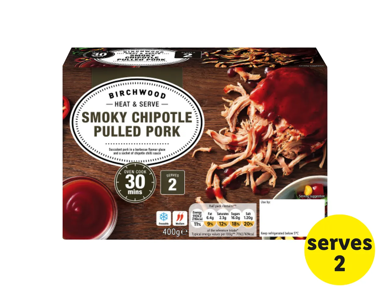 A package of Birchwood Smoky Chipotle Pulled Pork, indicating it serves 2 and cooks in 30 minutes.
