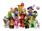 A group of diverse toy minifigures, including a diver, chef, wizard, and dinosaur.