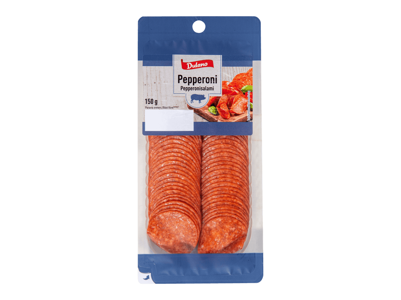 Dulano Pepperoni-pepperonisalamiviipaleita 150g pakkauksessa.