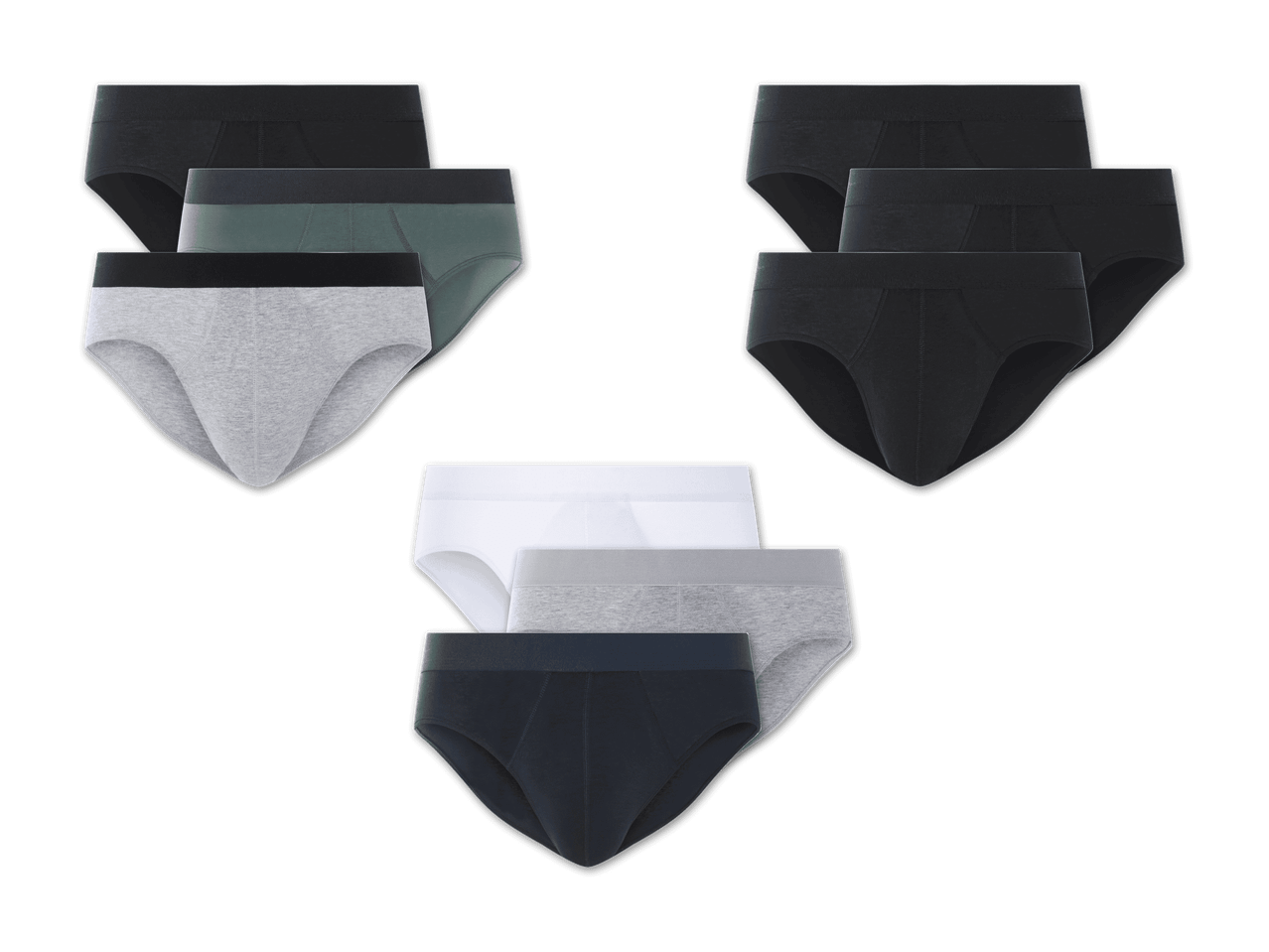 Drei Dreierpacks Herrenunterwäsche in Schwarz, Grau und Weiß.
