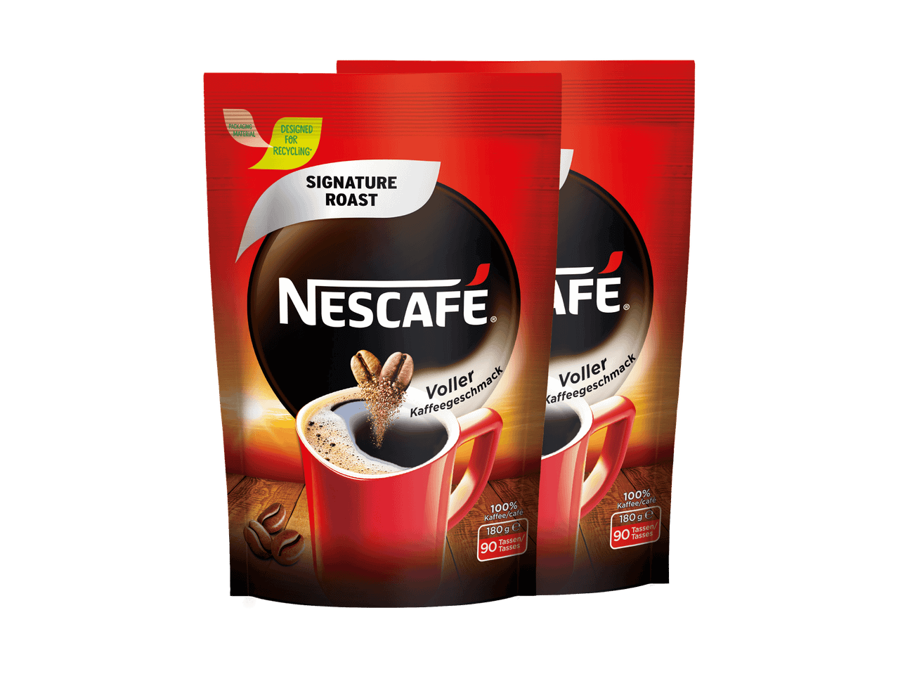 Deux sachets de café instantané avec une tasse de café et des grains de café.