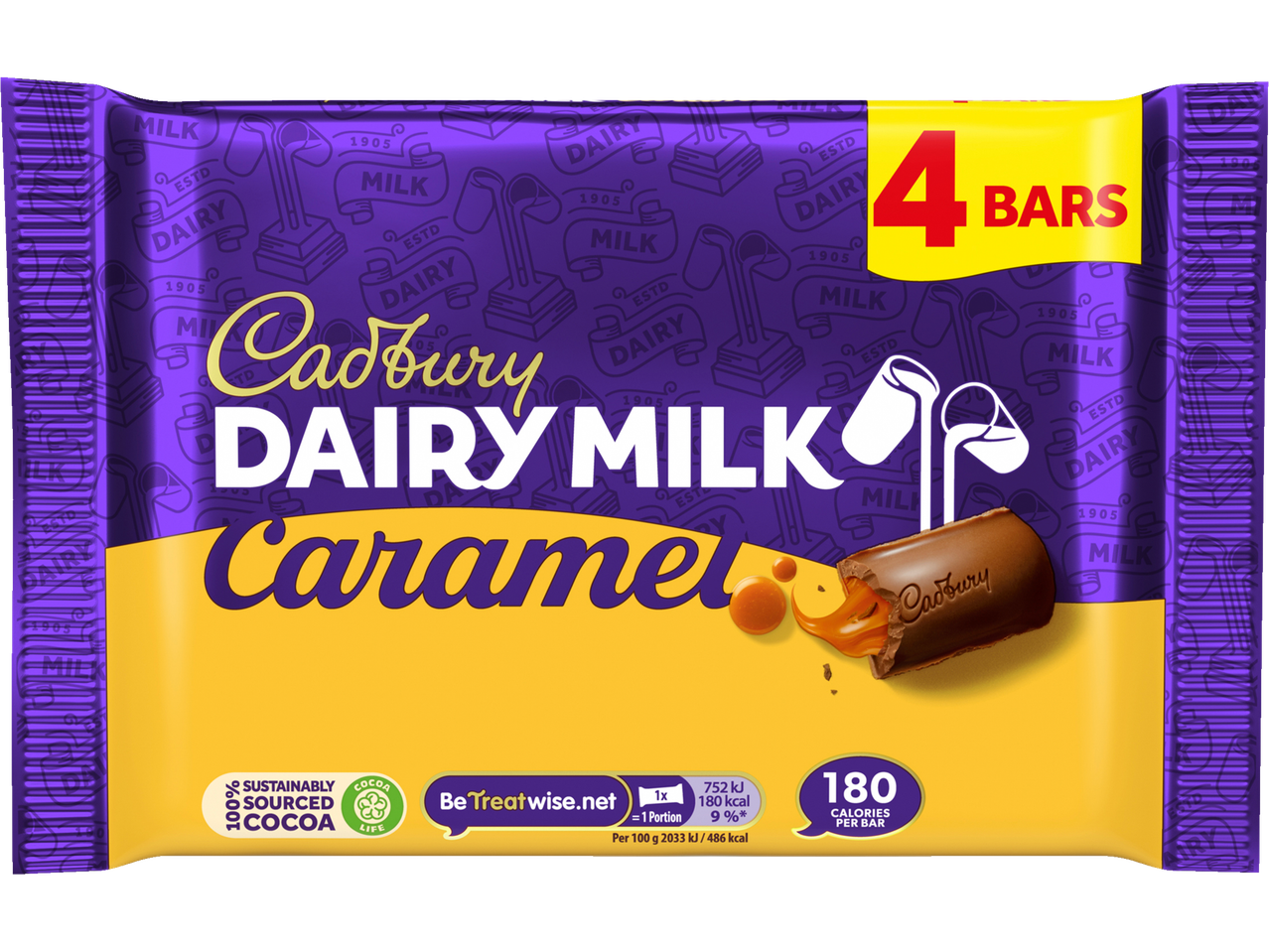 Four Cadbury Dairy Milk Caramel chocolate bars.