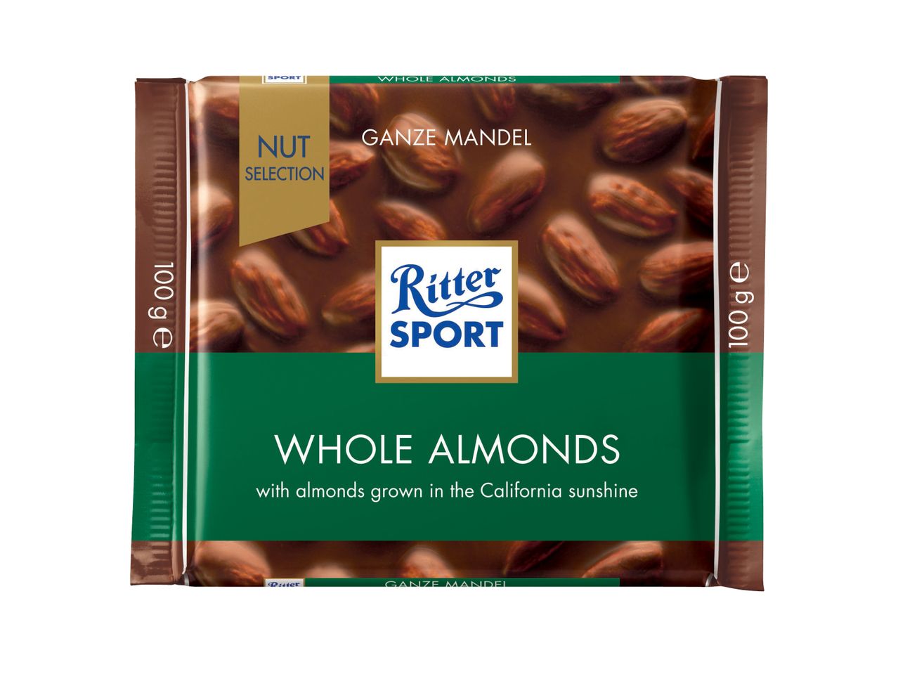 Шоколад Ritter Sport, млечен с цели бадеми, 100 g/опаковка.