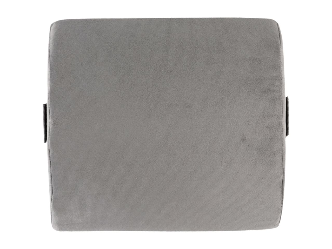 Gray lumbar support pillow with black straps on a white background.