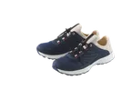 Pair of navy blue and beige athletic shoes with quick-lace system.