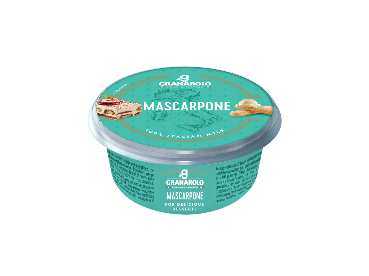 Granarolo Maskarponė, 100% itališkas pienas, skanūs desertai.