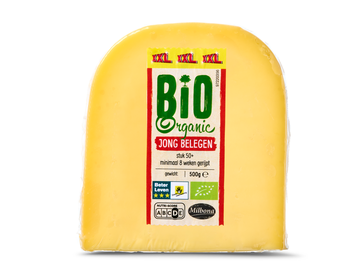 Lidl Bio Biologische kaasblok, Jong Belegen, 500g, met XXL-label en Nutri-Score D.
