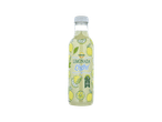 Garrafa de limonada light com rótulo de limões e folhas, indicando 100% plástico reciclado.