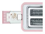 Pink toaster with a crumb tray pulled out, showing crumbs inside.