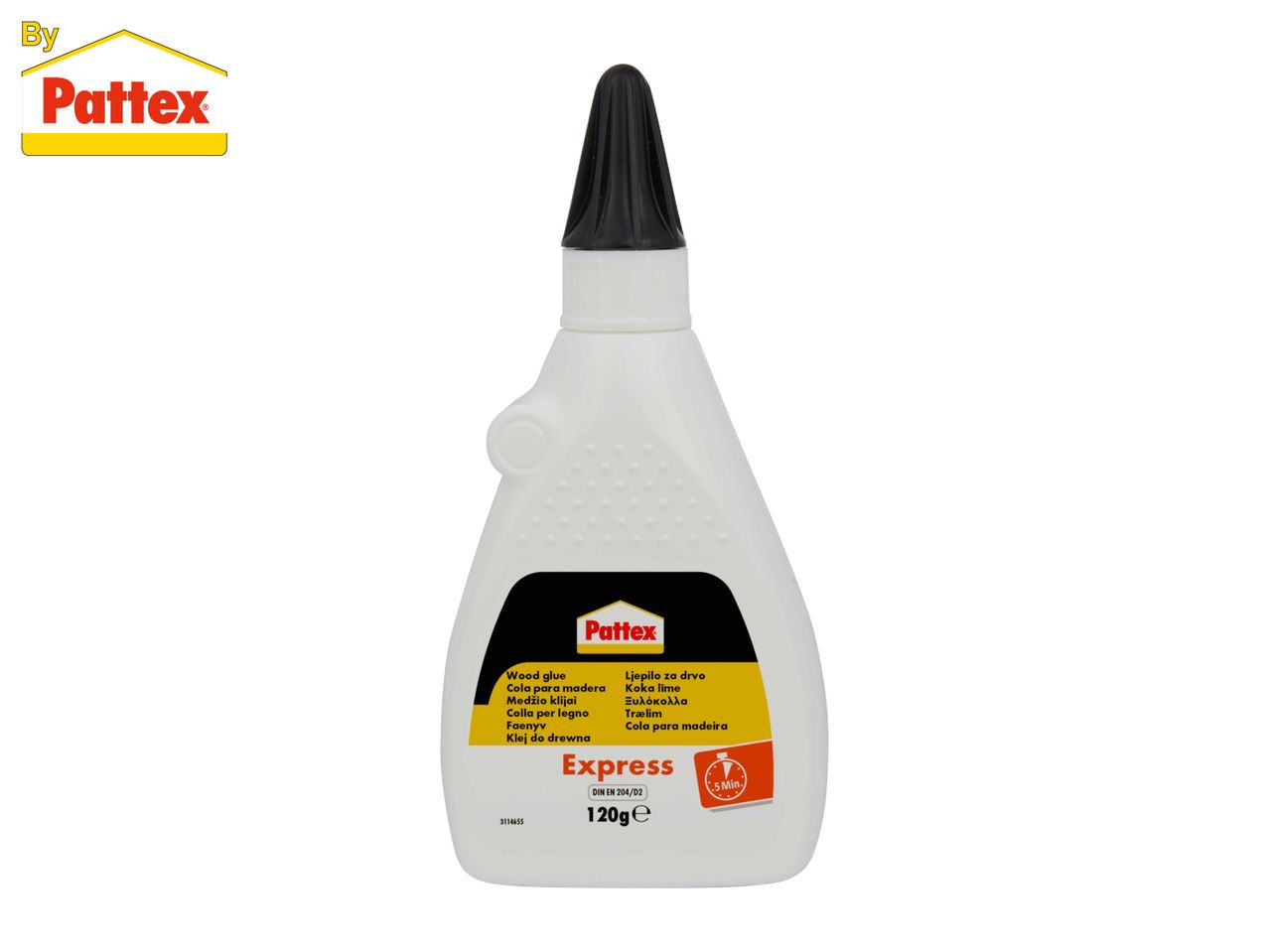 White bottle of wood glue with a black cap, featuring a yellow and black label.