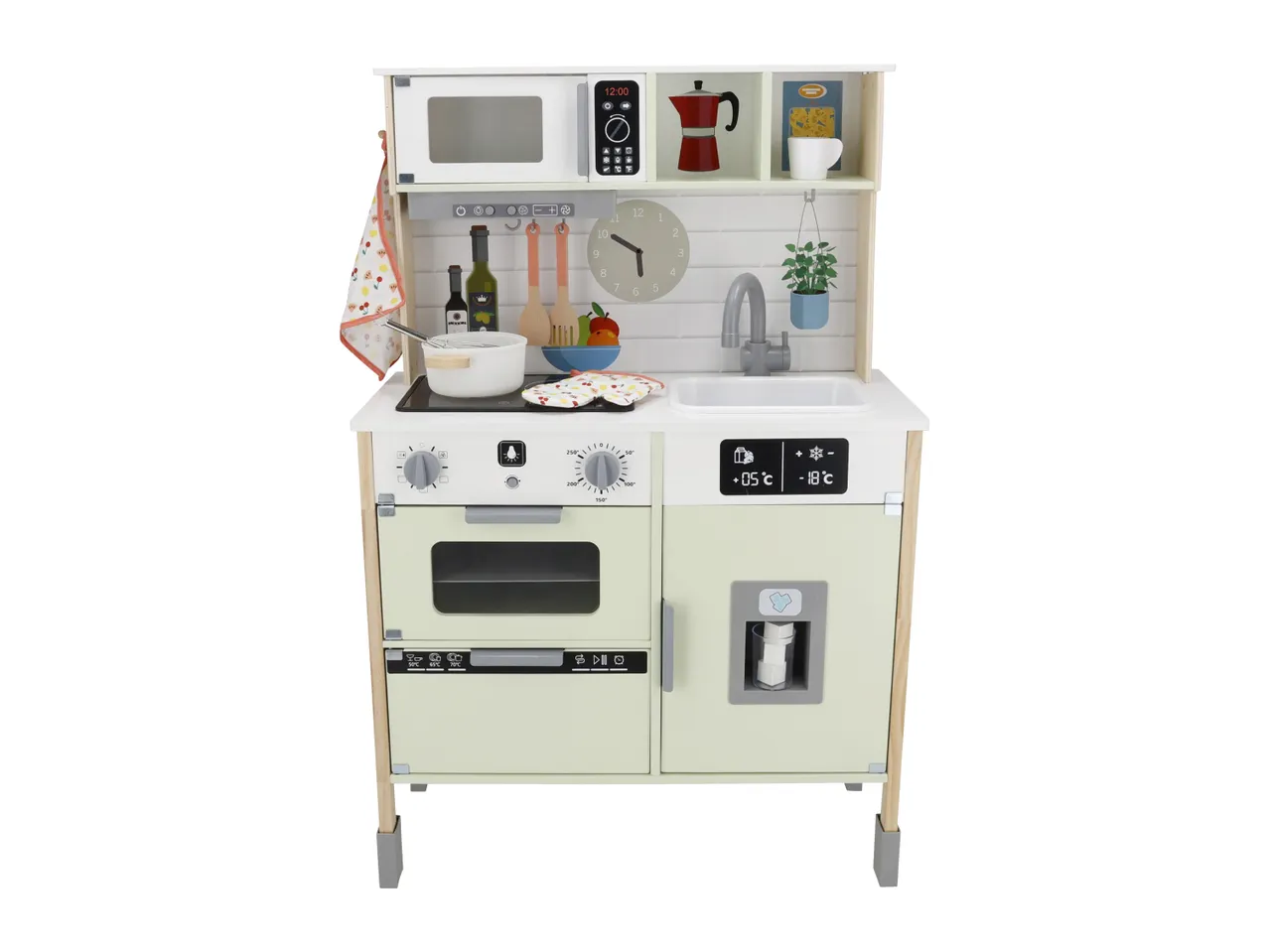 A wooden toy kitchen with a microwave, oven, sink, and various accessories like a pot, utensils, and food.