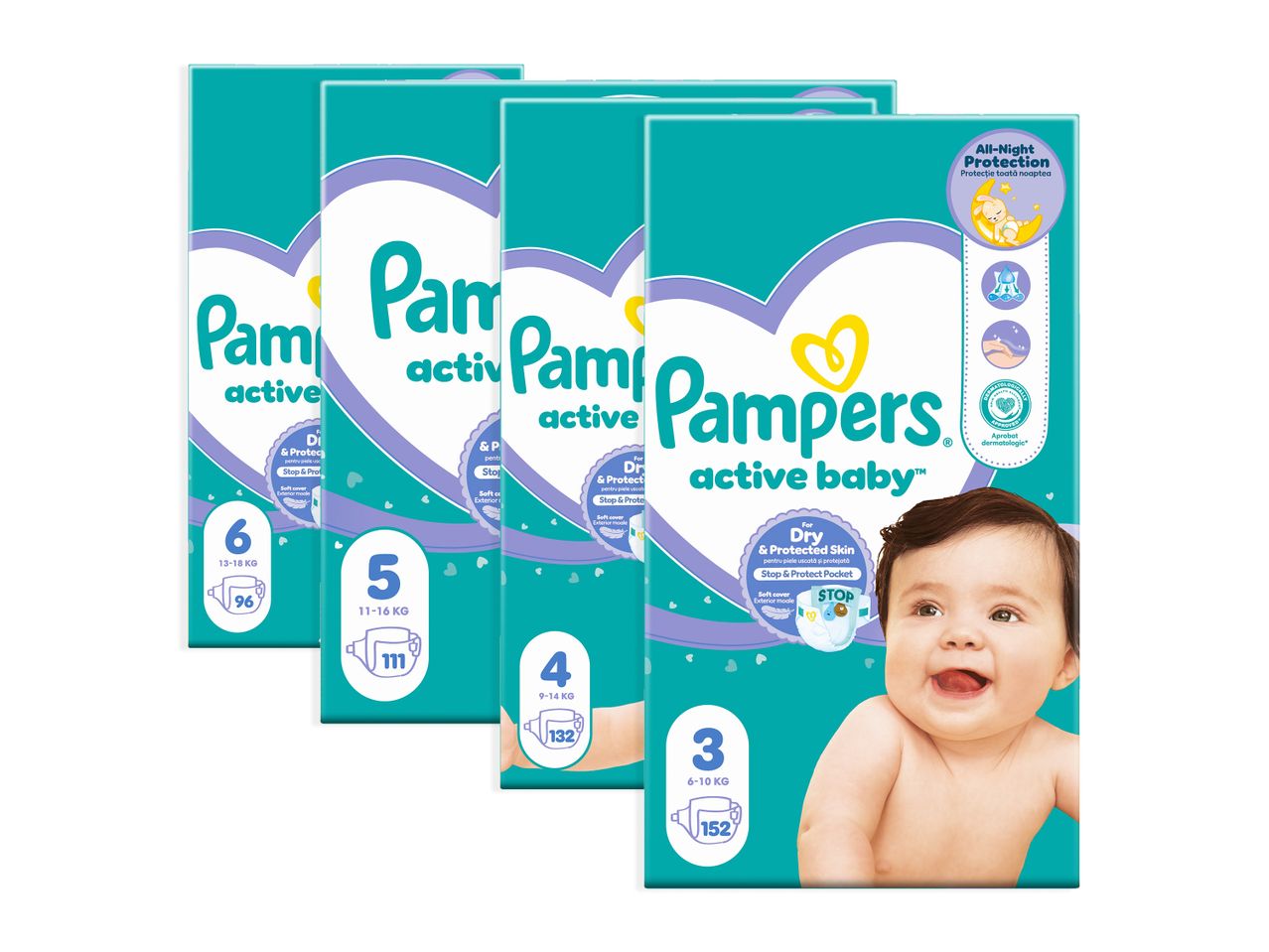 Patru pachete de scutece Pampers Active Baby de diferite mărimi, cu un bebeluș zâmbitor pe cel din față.