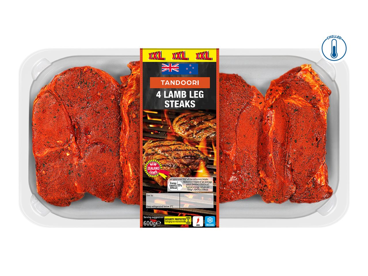 Tandoori 4 lamb leg steaks in a tray, with a 'chilled' icon and nutritional information.