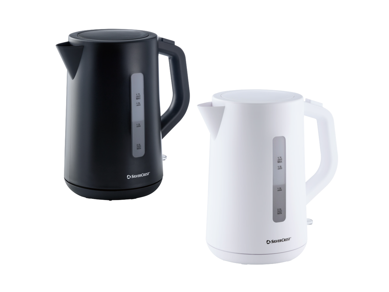 Dva SilverCrest kuhala za vodu, jedno crno i jedno bijelo, s mjernim oznakama.
