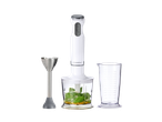 Balts rokas blenderis ar smalcinātāju, mērglāzi un nerūsējošā tērauda piederumu.