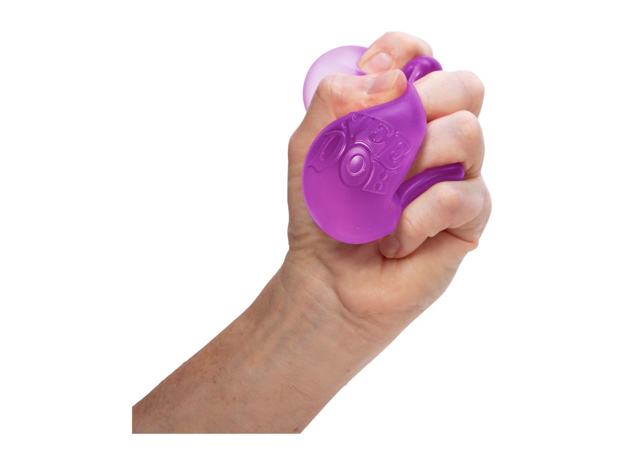 A hand squeezes a purple DooDoo stress ball.