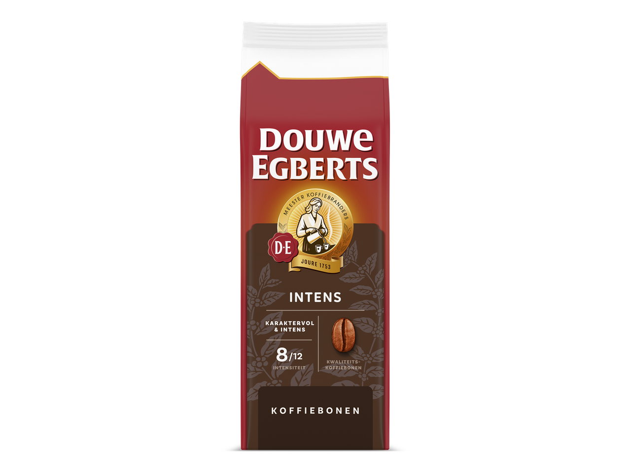 Een zak koffiebonen met de tekst 'Intens', 'Karaktervol & Intens' en 'Kwaliteits-koffiebonen'.