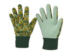 Pair of gardening gloves with a tropical leaf pattern on one side and green polka dots on the other.