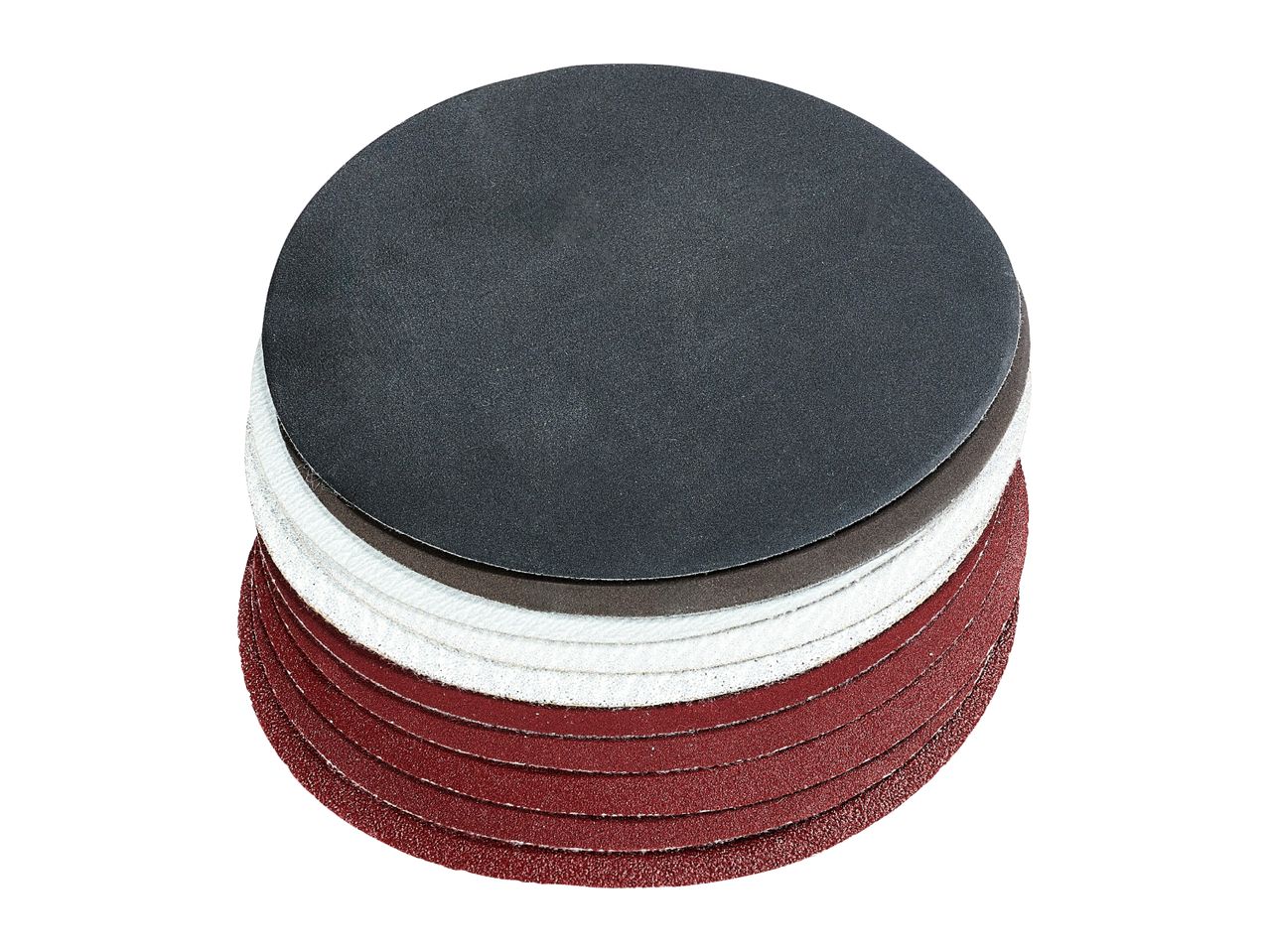 Stack of round sanding discs in black, white, and red colors.