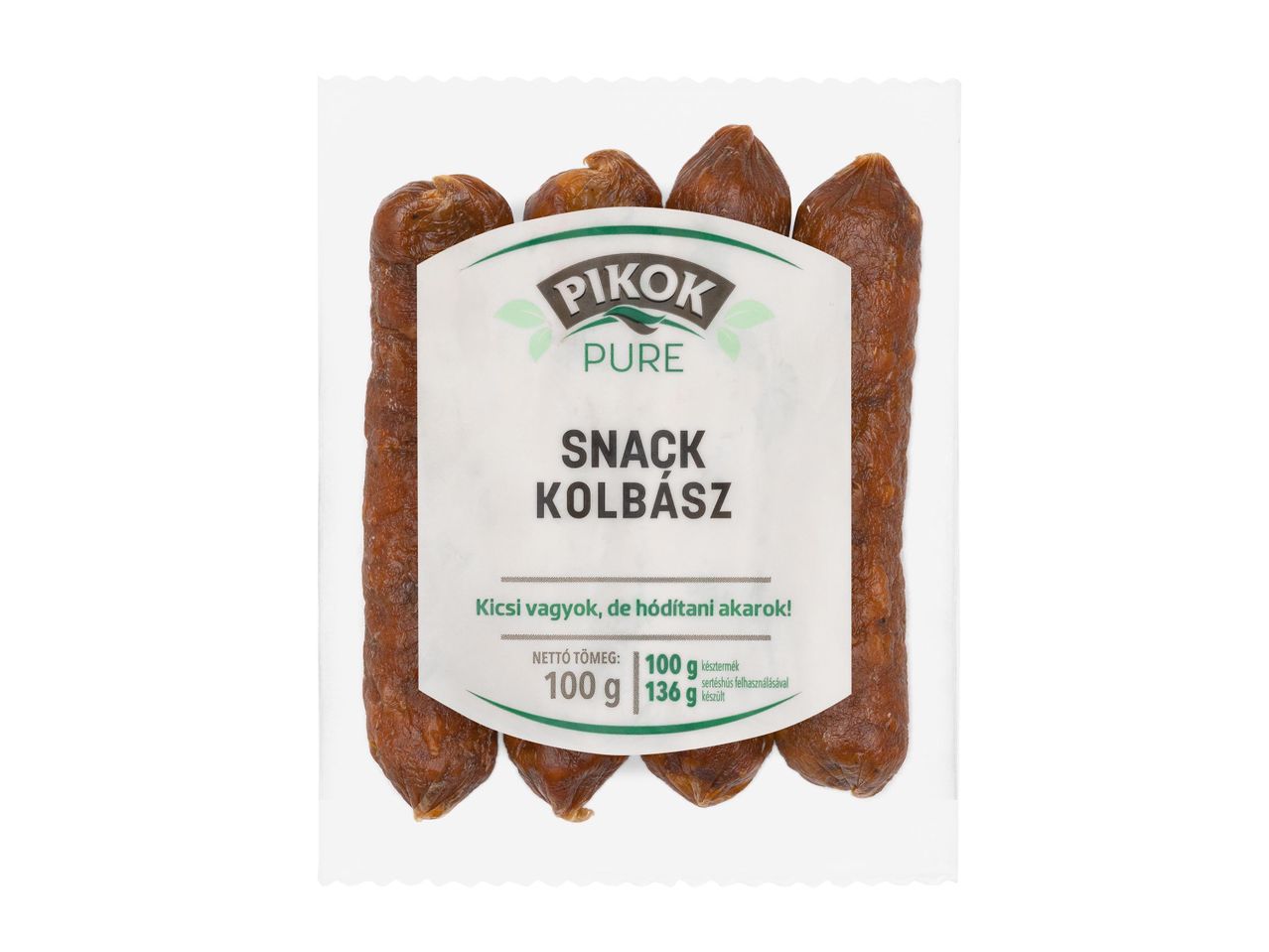 Pikok Pure snack kolbászok átlátszó csomagolásban, fehér címkével.