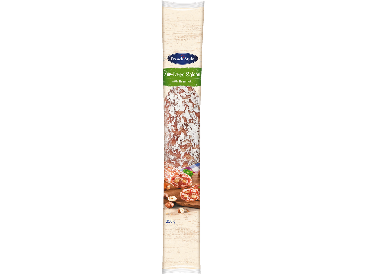 Prancūziško stiliaus oru džiovintas saliamis su lazdyno riešutais.