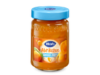 Pot abrikozenjam met een blauw deksel en een etiket met abrikozen en de tekst 'MINDER ZOET'.