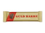 Guldbarre mælkechokolade i gul og rød indpakning med et billede af chokoladestykker.