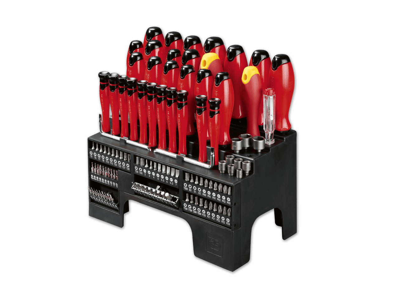 Ein großes Set roter Schraubendreher und Bits in einem schwarzen Ständer.