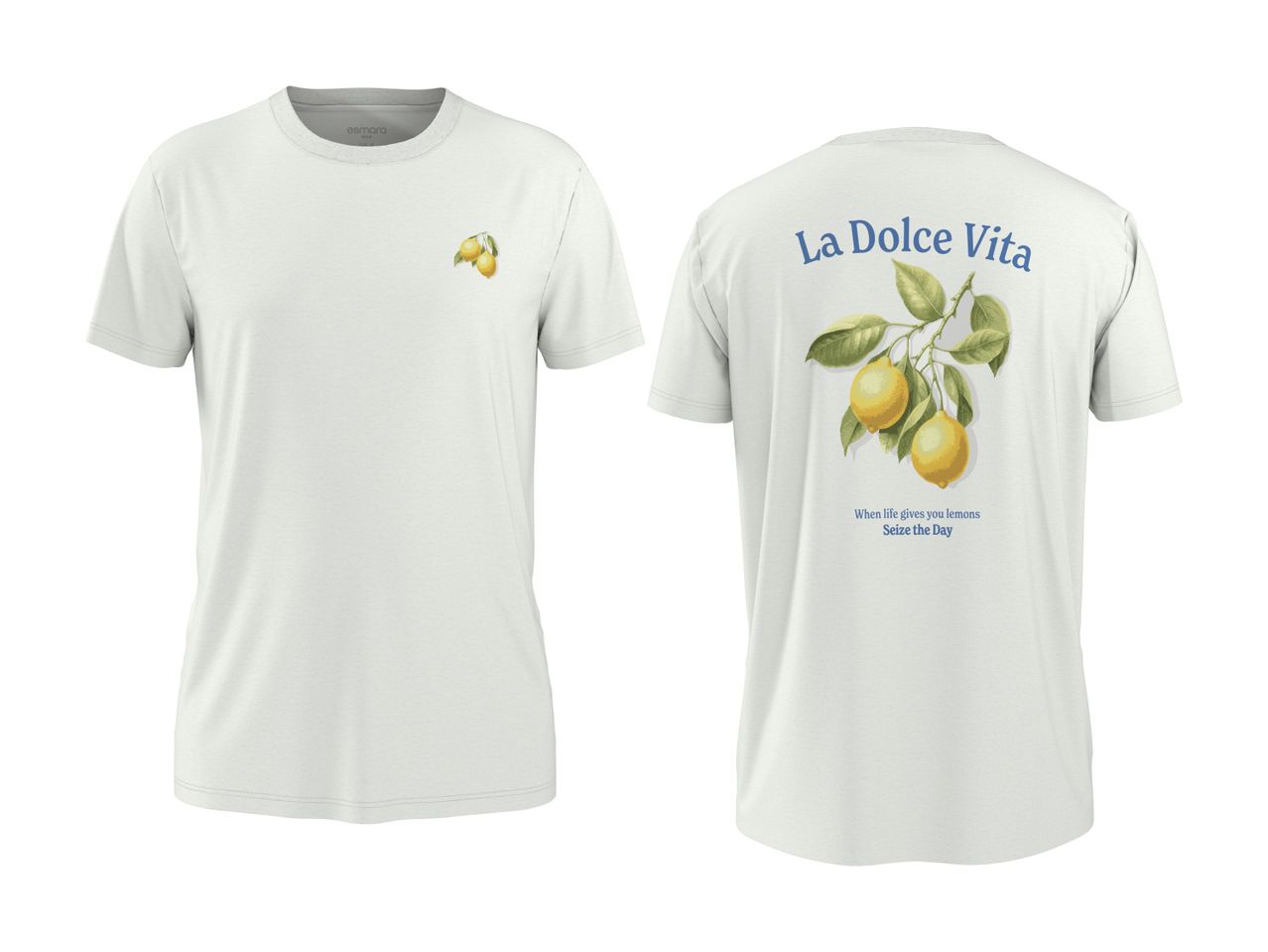 Hvid T-shirt med citronmotiv foran og bagpå, med teksten 'La Dolce Vita' og 'Seize the Day'.