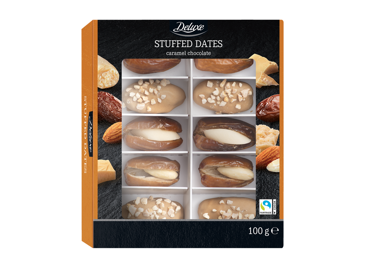 Deluxe įdarytos datulės su karameliniu šokoladu, 100g pakuotė.