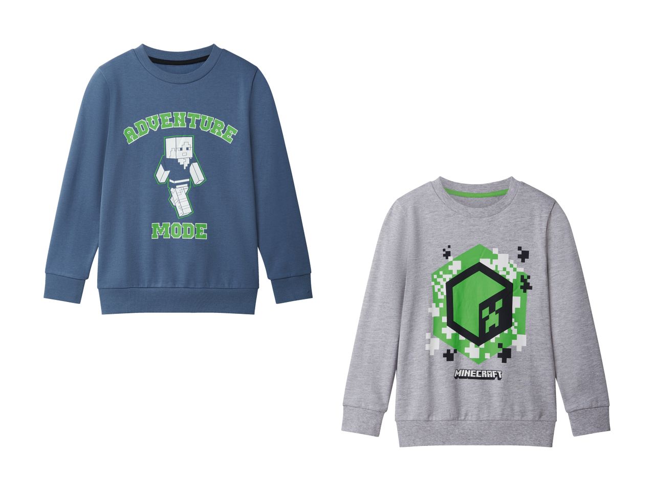 Zwei Minecraft-Sweatshirts für Kinder: ein dunkelblaues mit Figur und dem Aufdruck 'Adventure Mode', ein graues mit Pixel-Motiv.