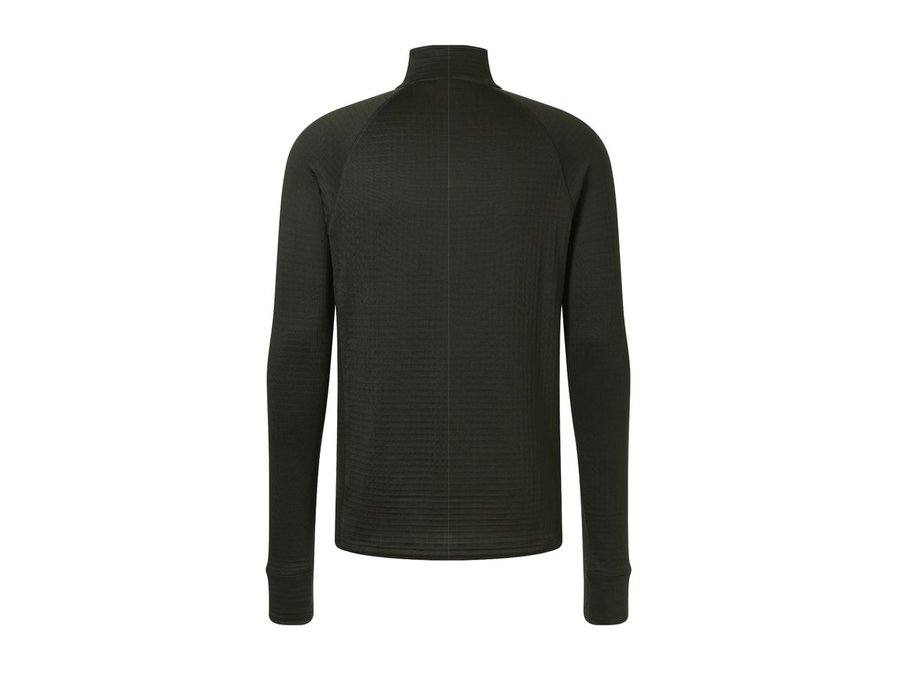 Back view of a dark-green long-sleeve zip-neck top.