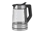 SilverCrest glass kettle with stainless steel base and black handle, showing 0.5L to 1.7L markings.
