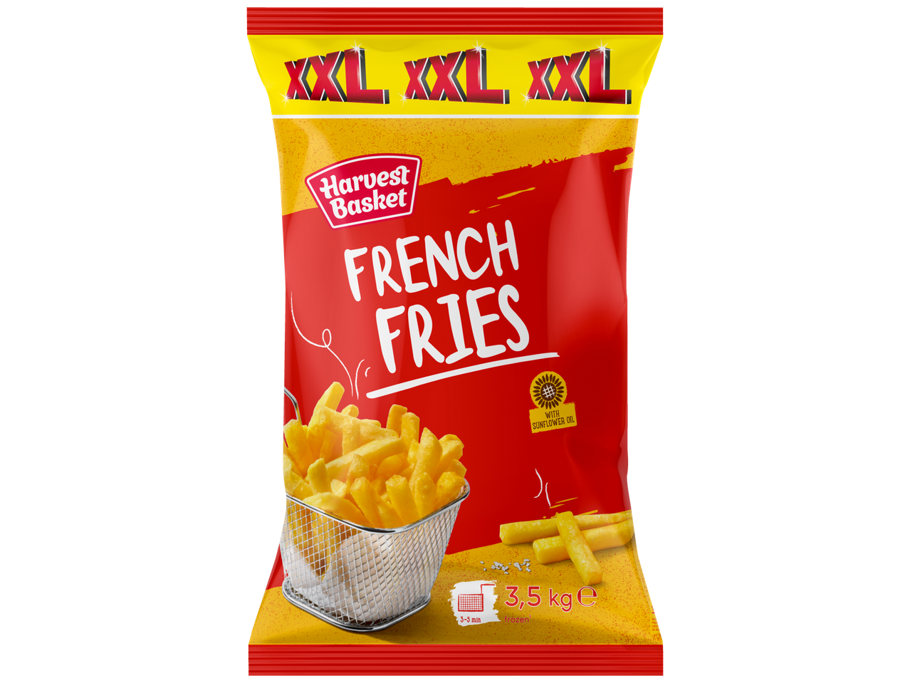 Harvest Basket XXL French Fries: A 3.5kg bag of frozen french fries, cooked in sunflower oil.
