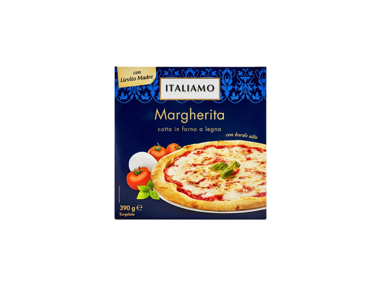 Confezione di pizza surgelata Margherita con lievito madre.