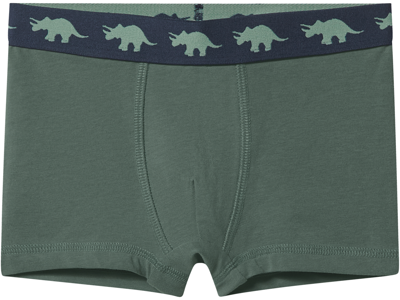 Green boys' boxer shorts with a dark blue waistband featuring light green triceratops dinosaurs.