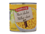 Lata de milho doce Freshona com um rótulo que mostra 'Maiz dulce' e 'Milho-doce'.