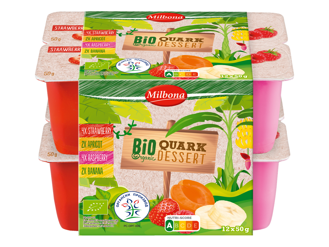 Milbona Bio Quark Desszert: 12 db eper, barack, málna és banán ízesítésű.