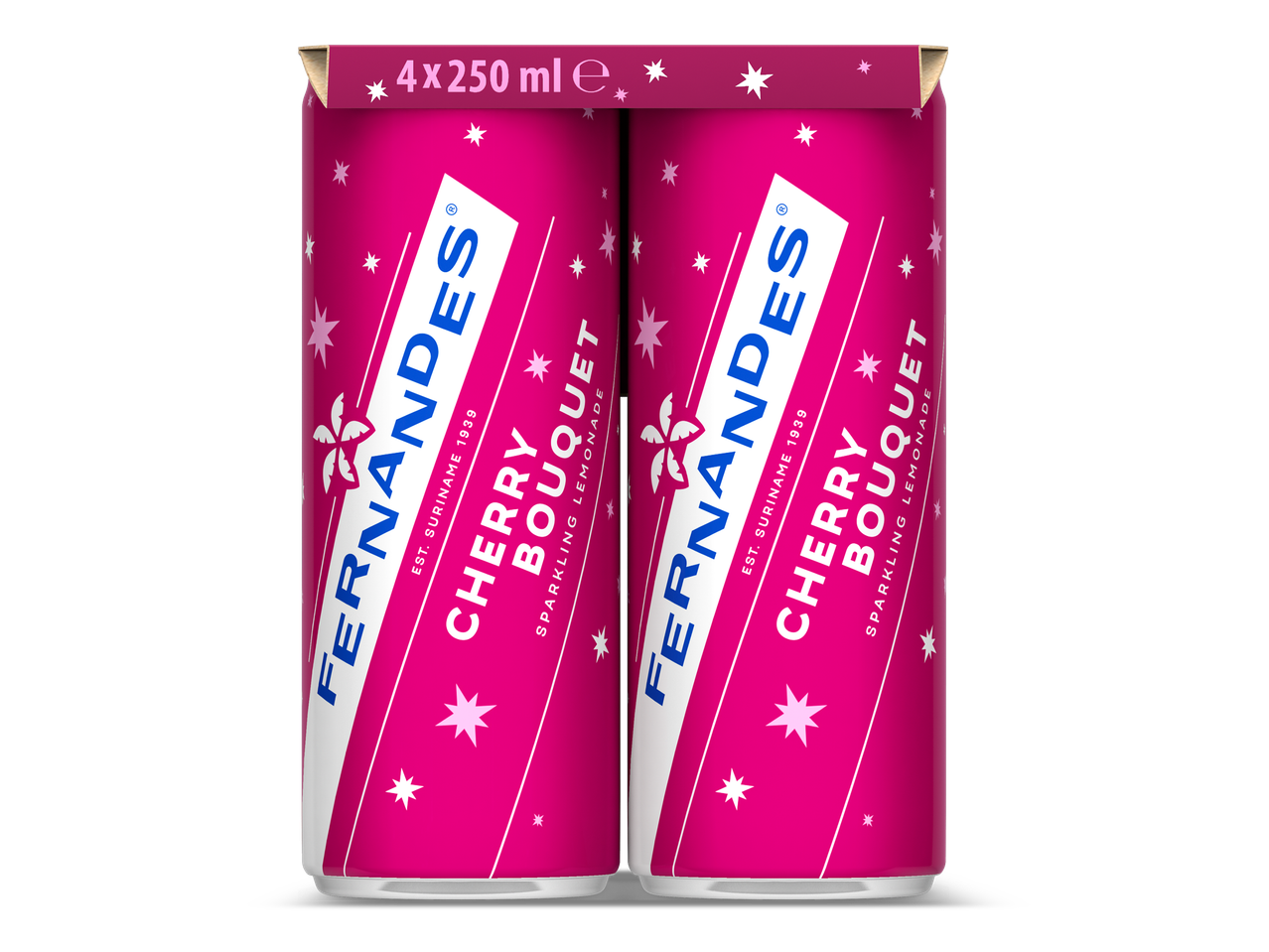 Vierpak roze blikjes sprankelende limonade met kersensmaak.