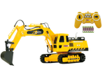 Geltonas Jamara nuotoliniu būdu valdomas ekskavatorius su pulteliu ir baterijomis.